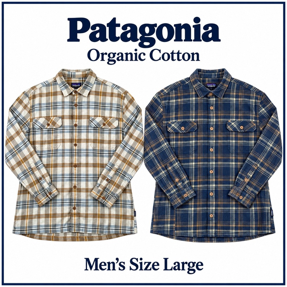Patagonia Flannel Shirt Mens L Brown Blue Plaid Organic Cotton Outdoors Lot of 2